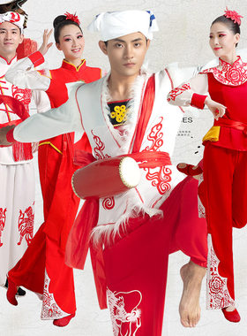 陕北风情民族服装男安塞腰鼓舞蹈服扇子舞团体舞黄土高原演出服饰