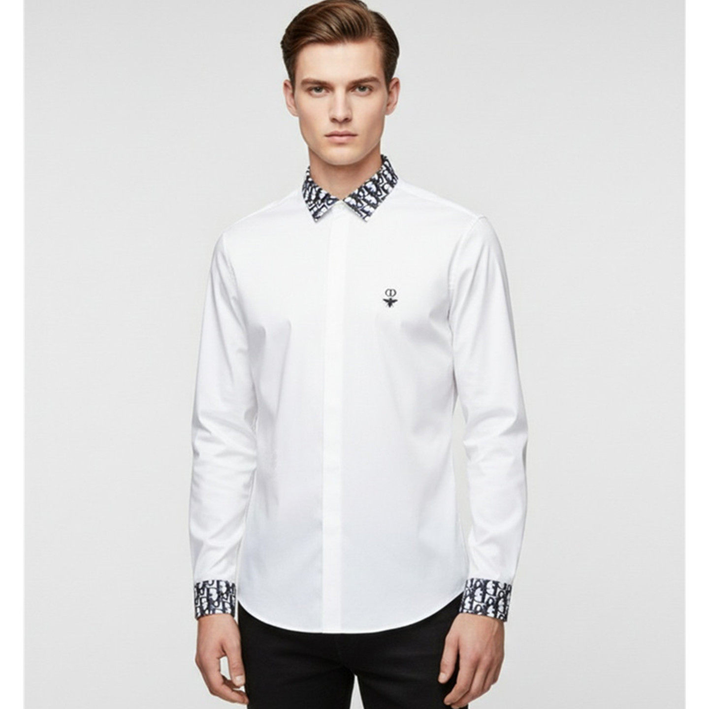 欧洲站男装领子袖口字母提花长袖衬衫高端字母刺绣透气修身衬衣潮