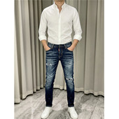 四季 夜店破洞补丁D2弹力修身 牛仔裤 欧潮概念男装 DSQUARE小脚长裤