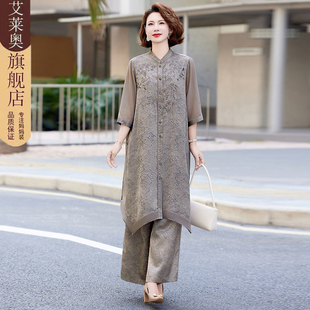 民族风时尚套装女夏季新款气质妈妈装国风刺绣两件套中长款连衣裙