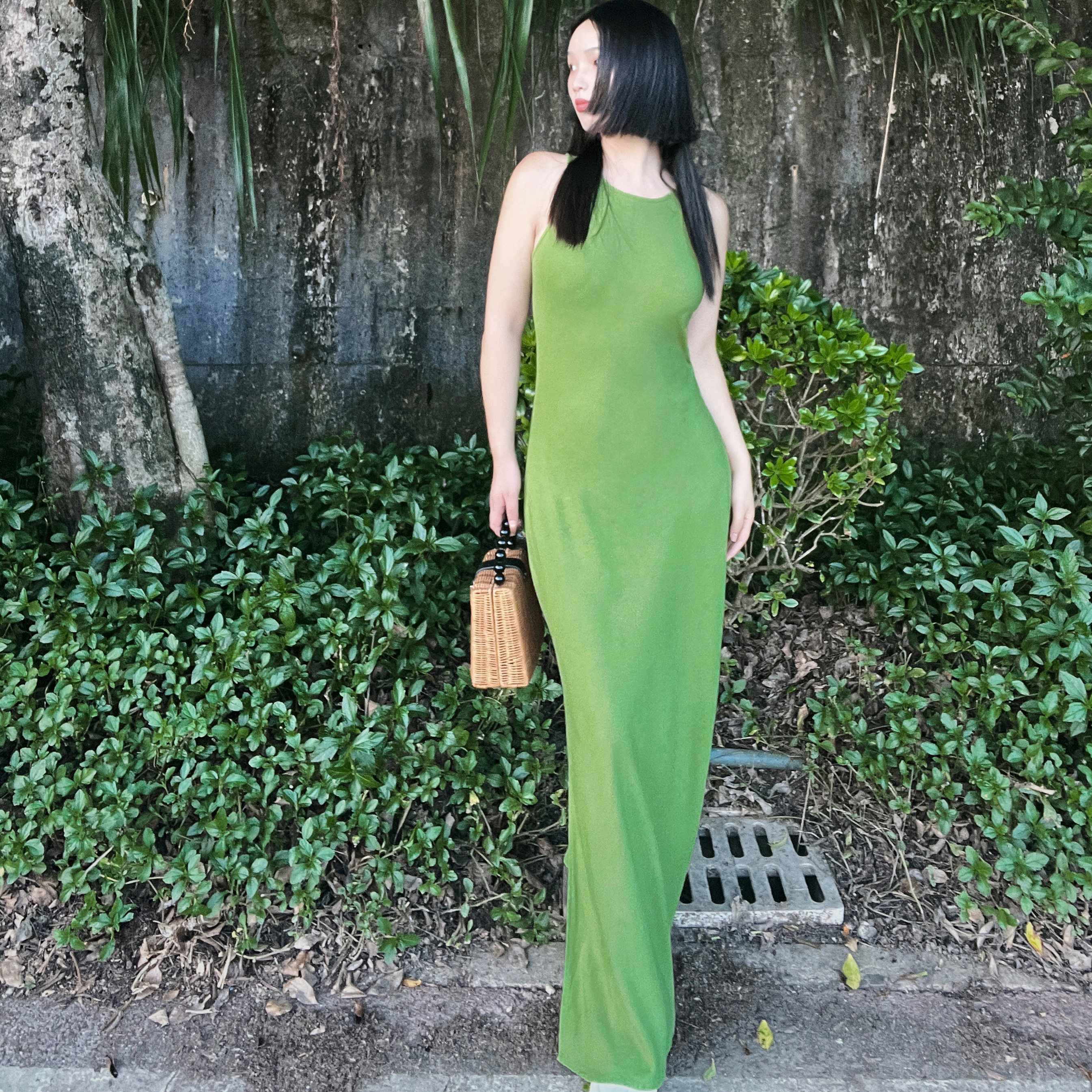 绿色小蛮腰复古显瘦背心气质长裙