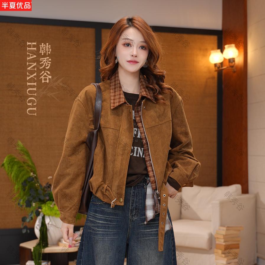 复古美拉德麂皮绒假两件夹克女
