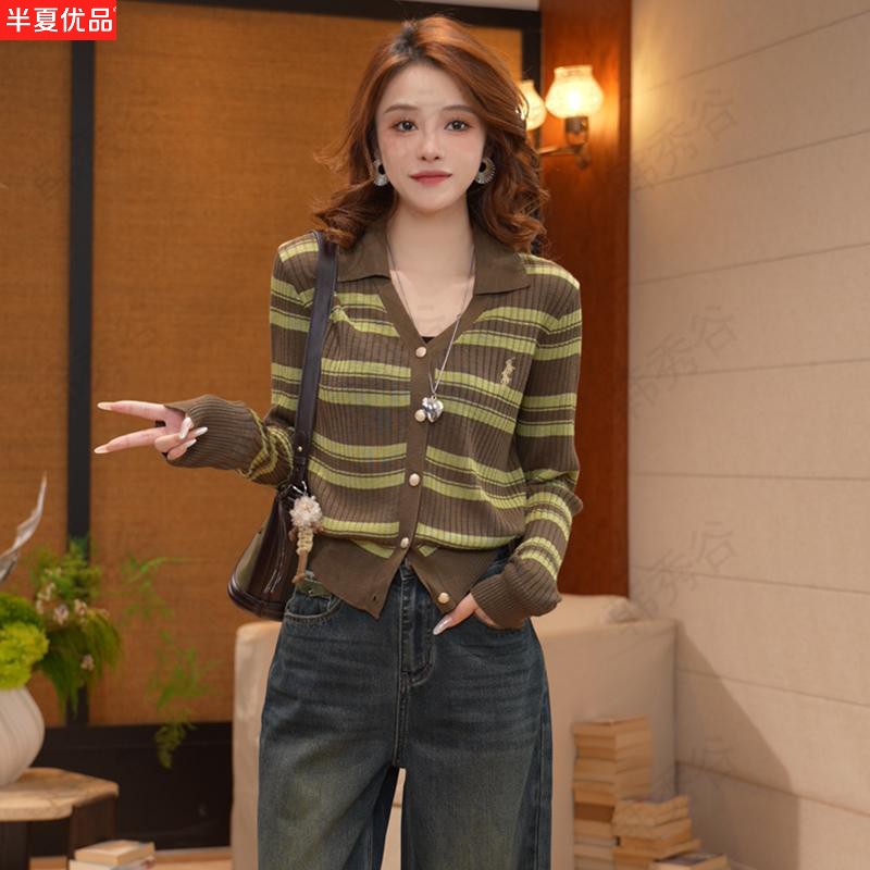 2026秋季条纹长袖针织衫女宽松休闲开衫撞色毛衣上衣