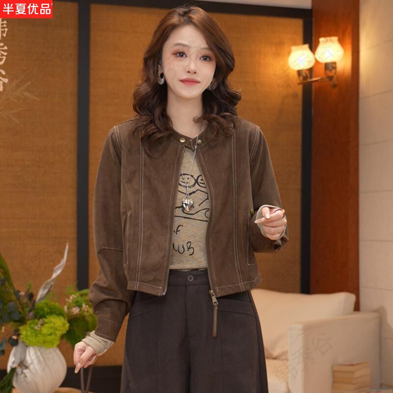 小个子复古风麂皮绒翻领拉链短外套女秋老钱风高级感显瘦外套