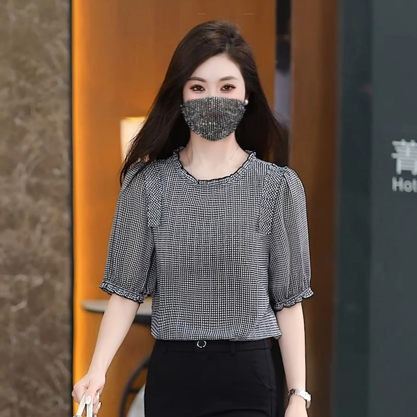 夏季千鸟格中袖雪纺衫女木耳边