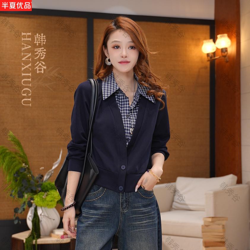 2026秋季新款复古拼接假两件衬衫女长袖格纹拼接翻领显瘦百搭上衣