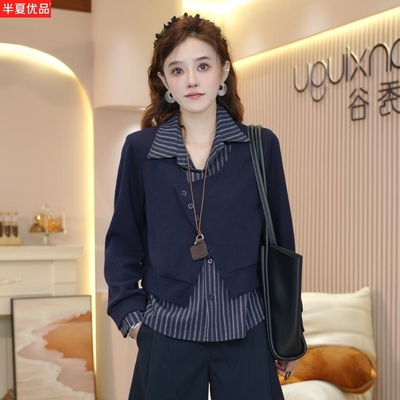 大码显瘦拼接减龄假两件衬衫女