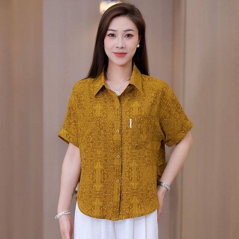 优品复古图腾印花衬衫女夏宽松百搭中年妈妈短袖上衣