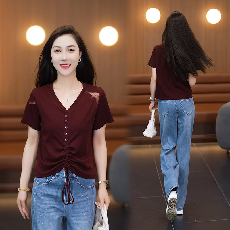 优品V领短袖T恤女士夏装新款时尚修身减龄小个子洋气小衫短款上衣