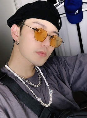方形2023新款韩版潮男橙色近视防紫外线个性显瘦太阳镜墨镜女金属