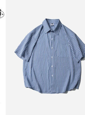 TIMACHINE日系复古青少年格纹衬衫宽松男生短袖衬衣休闲外套CS093