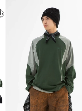 FORN3美式复古潮牌长袖拼色插肩袖T恤男生宽松圆领套头卫衣N1112