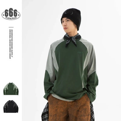 FORN3美式复古潮牌长袖拼色插肩袖T恤男生宽松圆领套头卫衣N1112