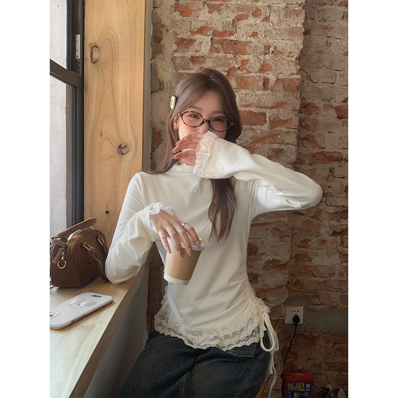 半高领木耳边加绒针织长袖打底衫女秋冬蕾丝花边拼接收腰内搭上衣