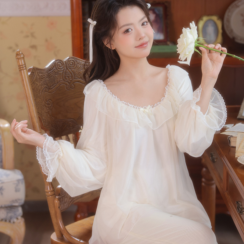 莫代尔网纱双层泡泡袖公主风睡衣纯欲蕾丝长袖长裤少女家居服套装