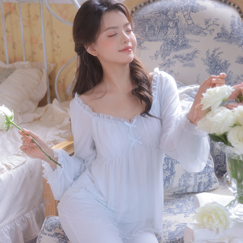 复古宫廷桃型大领口带胸垫睡衣套装莫代尔网纱长袖长裤少女家居服