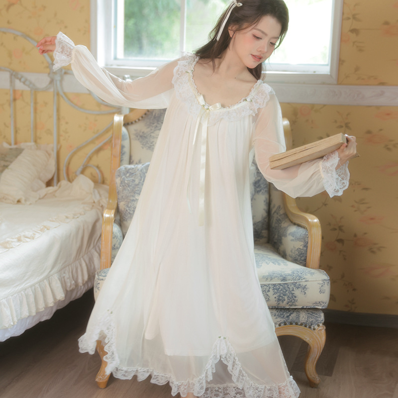 复古宫廷风大领口莫代尔网纱睡裙不规则裙摆小玫瑰仙女睡衣长裙宽