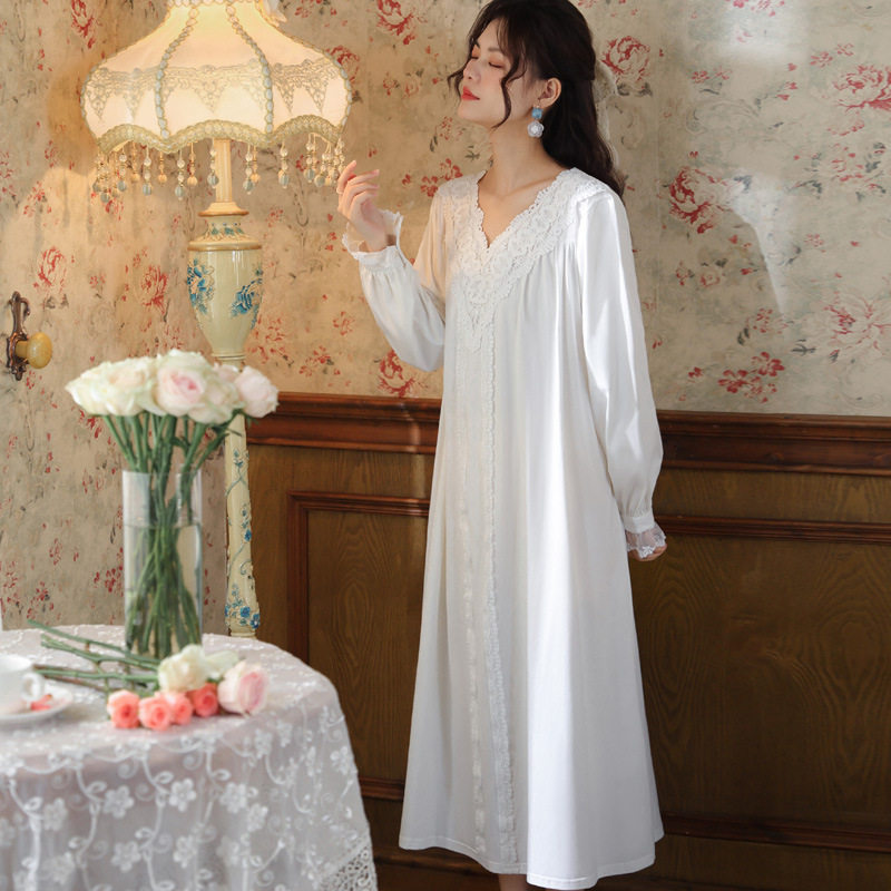 长袖睡裙女春棉宫廷风复古蕾丝公主睡衣宽松大码可外穿家居服秋冬