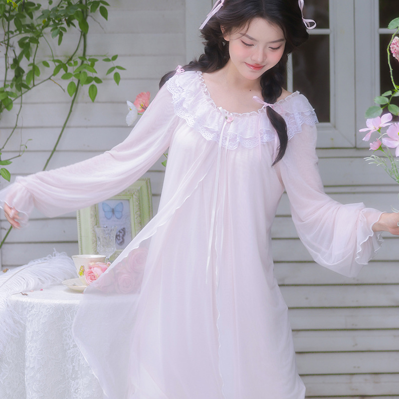 复古宫廷风双层蕾丝领口莫代尔网纱睡衣长裙纯欲少女家居服