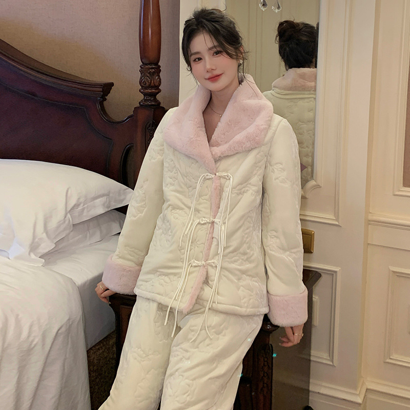 特厚三层夹棉睡衣法式女冬新款新中式长袖套装国风家居服可外穿