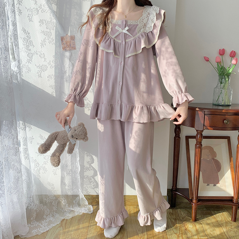 韩国海岛绒睡衣女秋冬季薄绒新款甜美可爱公主风家居服套装
