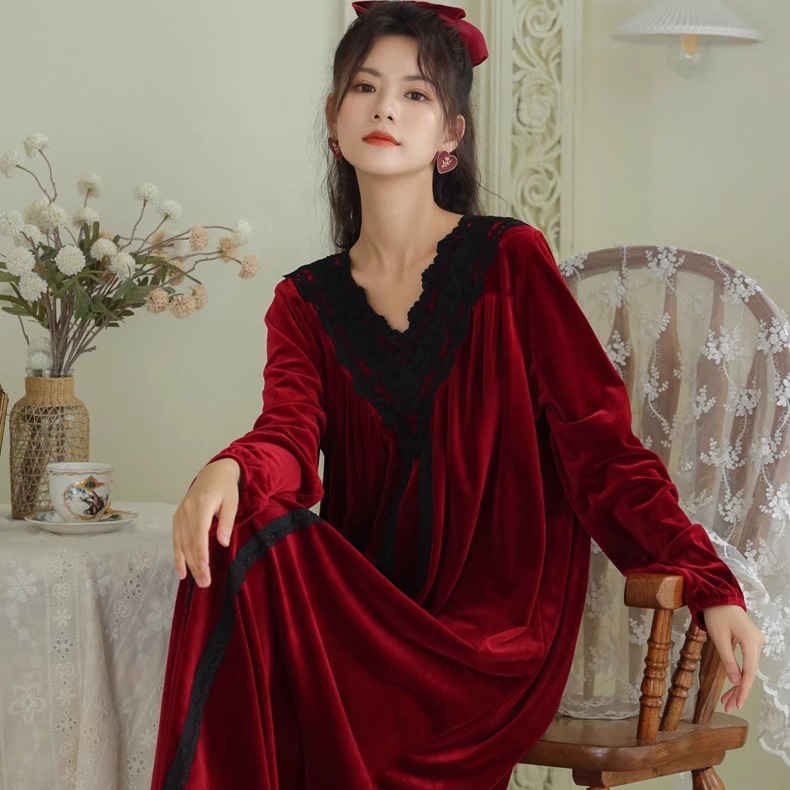 秋冬季长袖加绒加厚睡裙蕾丝公主风宫廷风保暖宽松长裙居家睡衣女