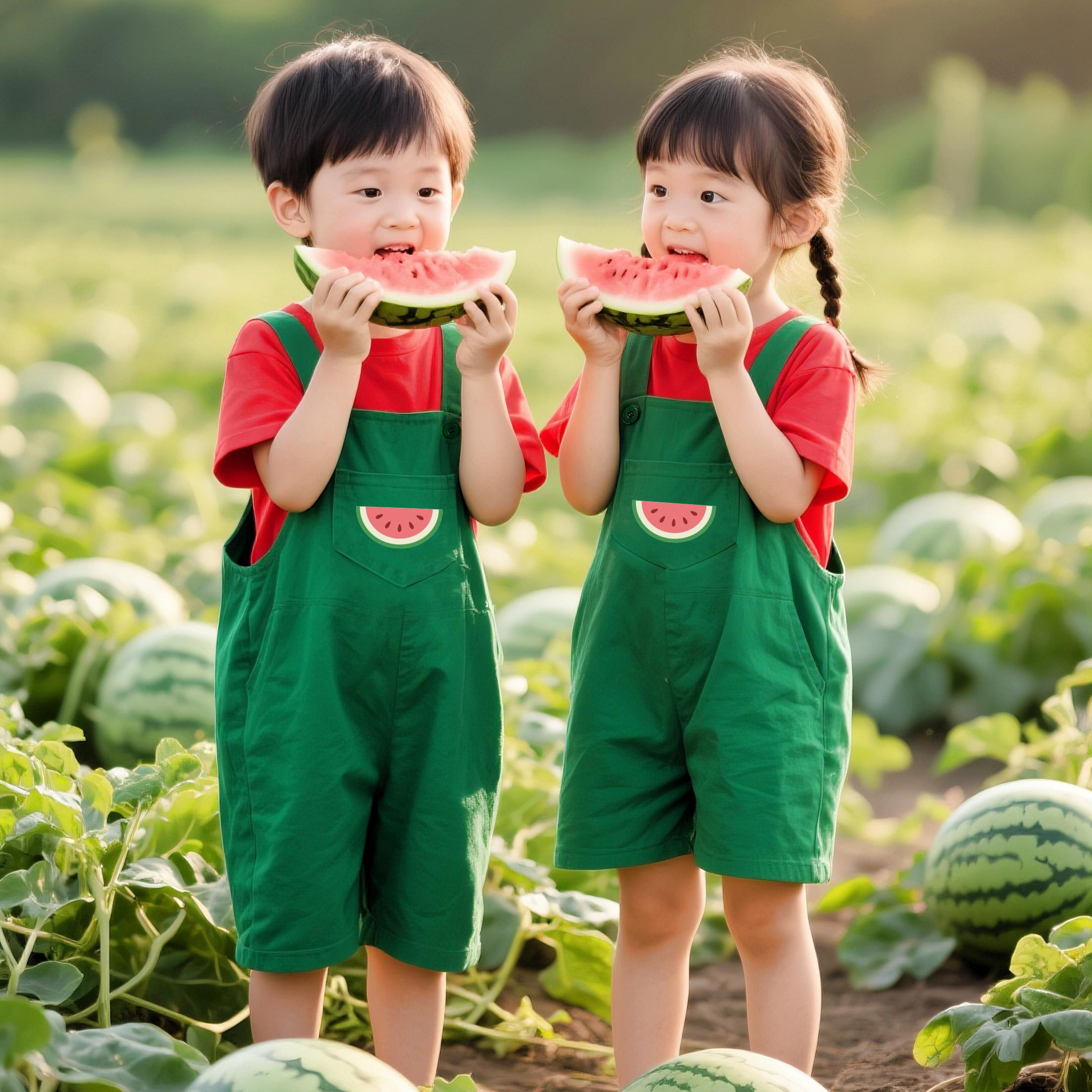 幼儿园小班西瓜舞演出服可爱背带裤顶呱呱团体机械啦啦操表演班服