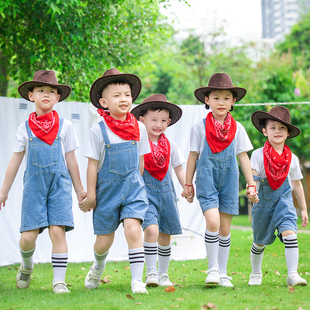 夏季 棉T儿童毕业汇演舞蹈服牛仔很忙演出服装 短裤 迪克牛仔背带裤