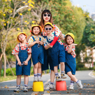 儿童演出服夏季 亲子舞蹈服幼儿园毕业照衣服 港风花衬衫 牛仔背带裤