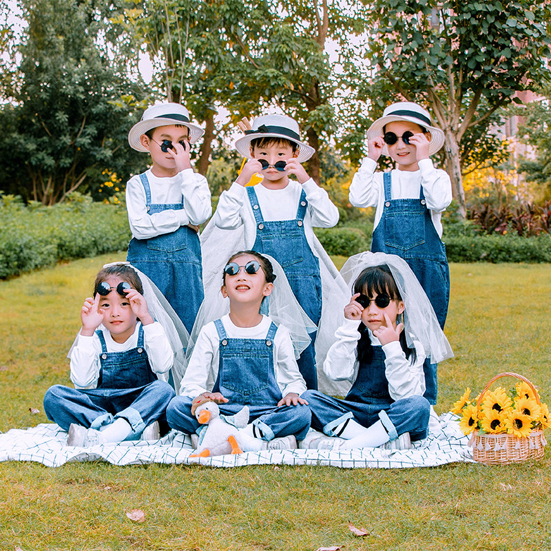 男女童成人牛仔背带裤舞蹈演出服