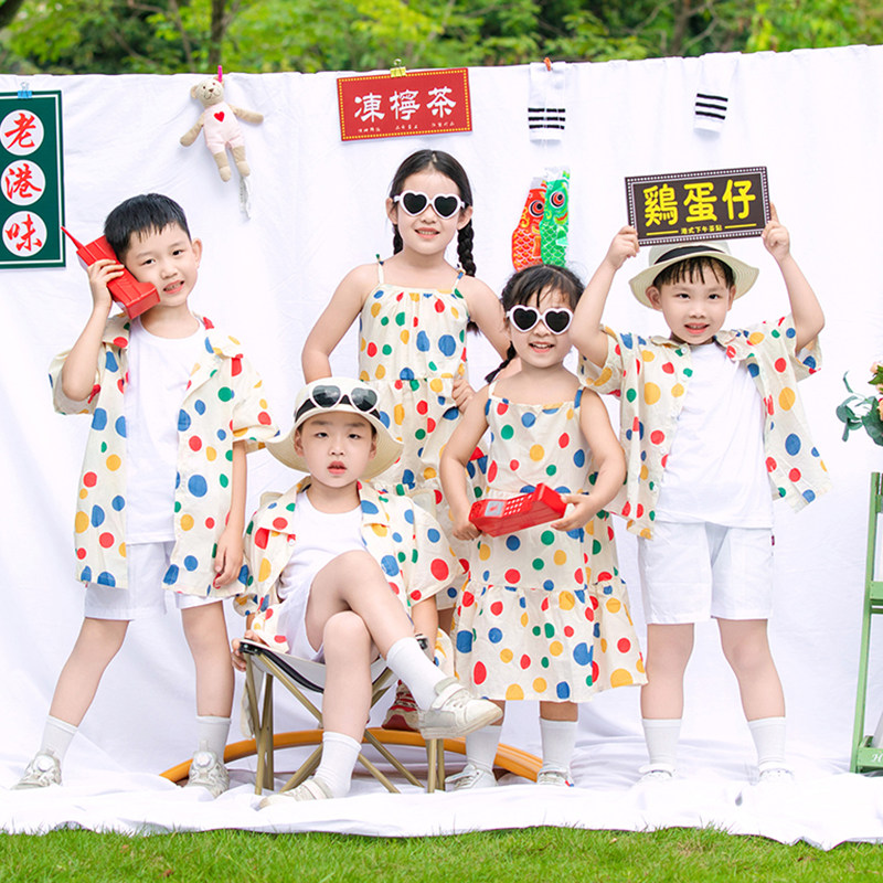 儿童夏季连衣裙圆点花衬衫演出服幼儿园特色洋气毕业照班服亲子装