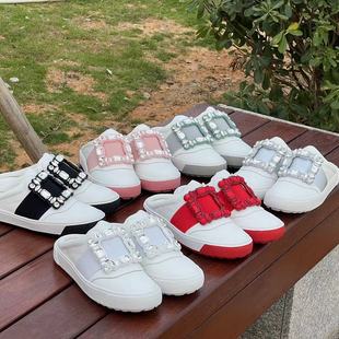 RV水钻方扣半拖女2025新款真皮平底一脚蹬休闲乐福懒人半拖小白鞋