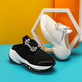 女外穿包头网红ins潮真皮厚底松糕鞋 2025夏新款 rv水钻方扣半拖鞋