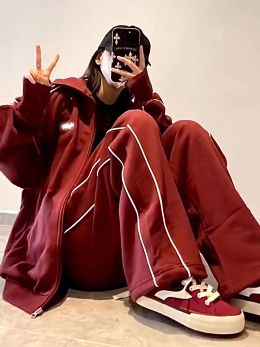 美式高街运动服套装女秋季oversize黑色连帽卫衣卫裤休闲两件套bf