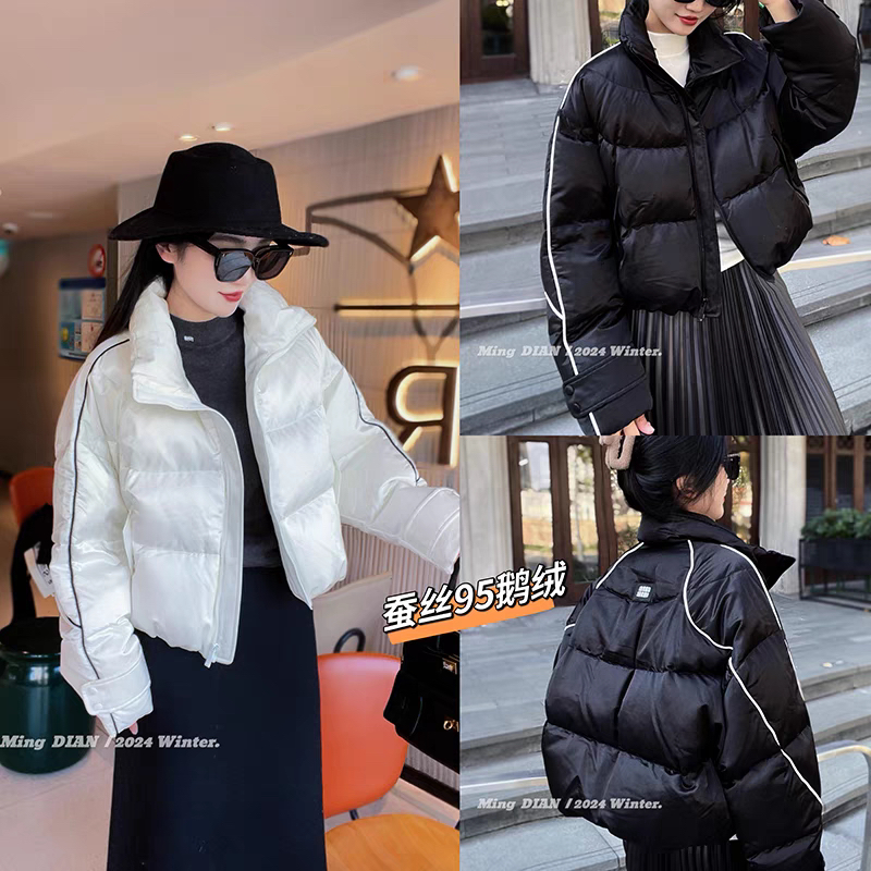 高品质桑蚕丝2025冬季新款欧货时尚女立领短款95白鹅绒羽绒服外套