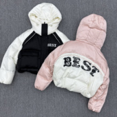 高端定制2024冬季 白鹅绒羽绒服 女连帽拼接条纹短款 新款 欧货时尚