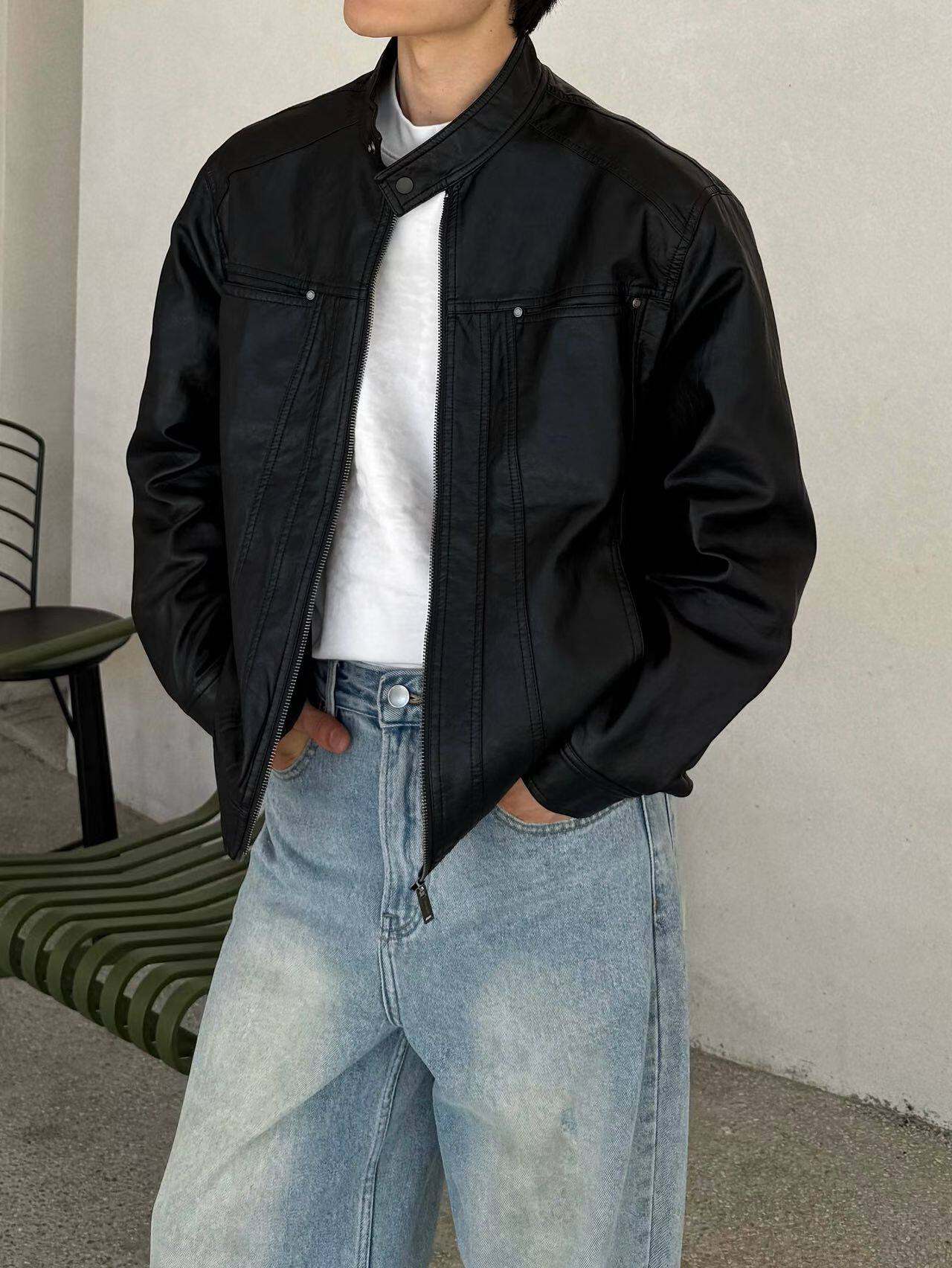 美式复古简约百搭款皮衣外套男秋季青年宽松立领机车服夹克上衣男
