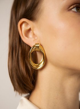 Pxie market Gold Triple Knot Hoops金属椭圆多层造型感耳钉女