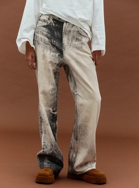 source unknown23春水洗做旧印花高腰复古直筒牛仔裤长裤