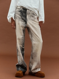 source unknown23春水洗做旧印花高腰复古直筒牛仔裤长裤