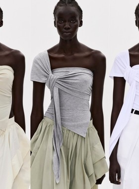 source unknown24夏 设计感挂脖甜美纯色绑带露肩不对称背心上衣