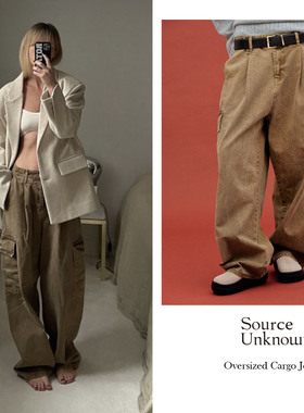 代购source unknown 23春夏 复古做旧磨白大口袋工高腰装裤直筒裤