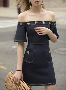 PIXIE MARKET 一字领束腰钮扣显瘦连衣裙 savislook同款