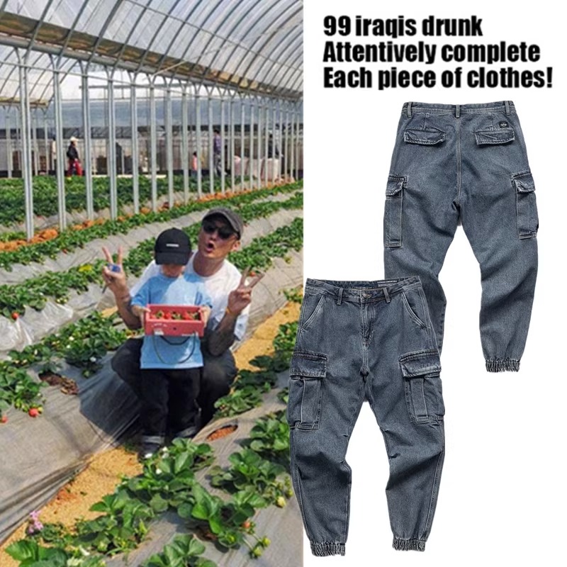 美式余文乐工装牛仔裤大口袋潮流休闲裤潮牌百搭束脚宽松潮长裤男