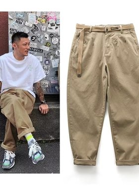 日系潮牌余文乐工装裤男九分裤哈伦宽松直筒阔腿学生休闲裤春秋季