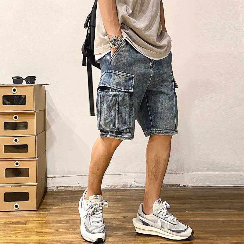 美式工装牛仔短裤男款夏季高街多口袋运动休闲百搭宽松直筒五分裤