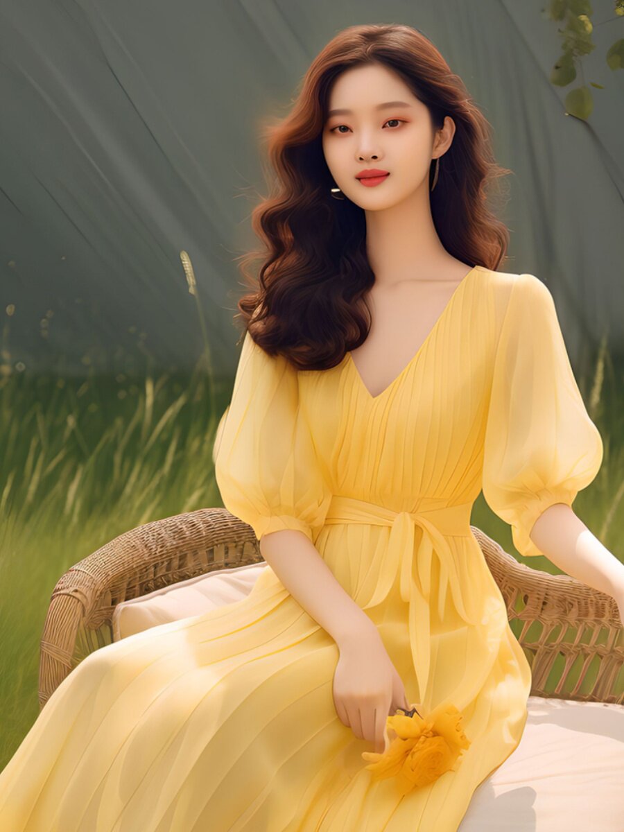 CHARMING SKIRT WOMENS CLOTHING SUMMER 2024 NEW FOREIGN STYLE AGE-REDUCING SEASIDE VACATION YELLOW SHORT-SLEEVED DRESS