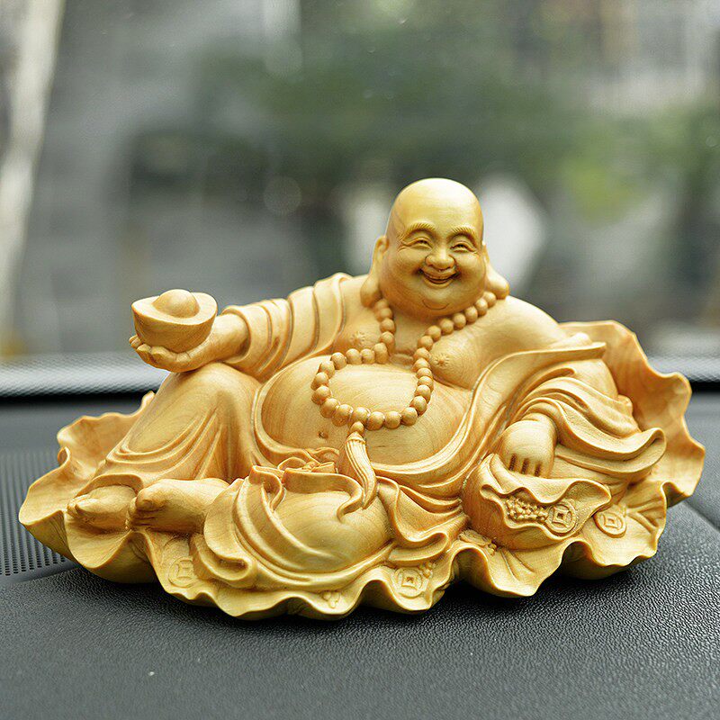 非遗黄杨木雕刻佛像汽车载摆件大如来工艺品卧佛拉布袋弥勒佛和尚