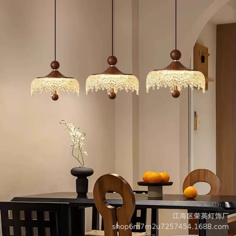 中古风卧室床头吊灯可升降水滴复古胡桃木色法式餐桌过道玄关吊灯