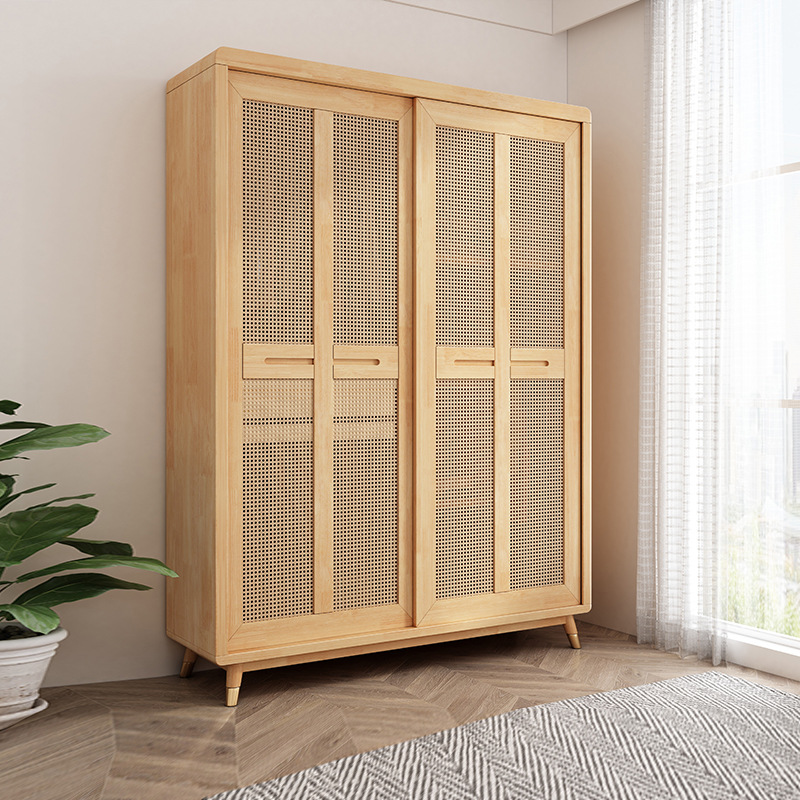 北欧实木藤编衣柜家用卧室衣橱现代简约双门组合柜日式收纳储物柜